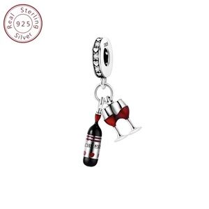 Wine Bottle and Glasses Charm in Sterling Silver